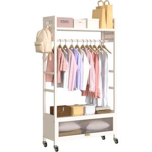 Freestanding Garment Rack, Portable Clothing Rack with Wheels and 4 Hooks, Rolling Organizer for Hanging Clothes and Storage, Wardrobe Shelves for Bedroom Living Room Home (Milky white, 100CM)