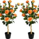 3FT Artificial Camellia Tree, 2 Pack Fake Camellia Tree Artificial Tree, Faux Floral Plants in Cement Pot, Greenery Potted Plant for Indoor Outdoor Home Office Porch Decor (Orange)