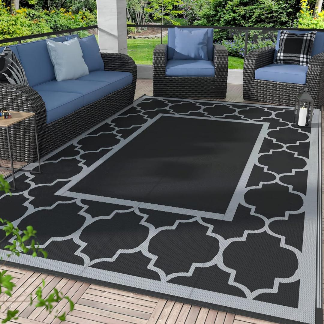 GENIMO 8' x 10' Outdoor Rug Patio Waterproof, Reversible Plastic Straw Area Rugs Mat for Camper Decor, Outside Carpet for Camping, Rv, Deck, Porch, Picnic, Beach, Balcony, Black & Grey (Lantern/Black&gray)