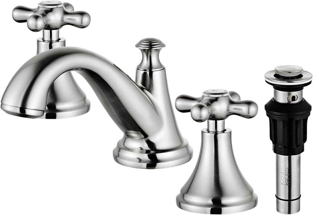 Vintage Widespread Bathroom Faucet, Brushed Nickel 3-Hole Sink Faucet with Drain Assembly, Solid Brass, Drip-Free Ceramic Cartridge, Adjustable 8-16 Inch Installation