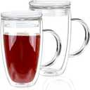 15 Oz Double-Walled Glass Coffee Mugs, 2-Pack Clear Coffee Mugs with Lids, Insulated Coffee Cups with Handles - Perfect for Cappuccino, Tea, Milk, Espresso, Latte, and Hot Beverages, Set of 2 (Glass lid, 15oz) (Glass lid, 15oz)