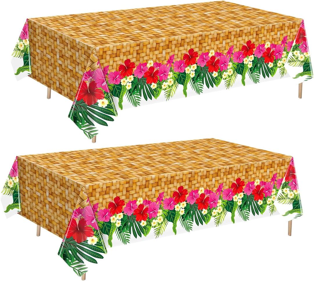 2 Pcs Hawaiian Luau Party Table Cover 54'' x 108'' Plastic Hawaiian Tablecloth Disposable Rectangular Luau Party Decorations Summer Tropical Table Supplies for BBQs Beach Pool Birthday