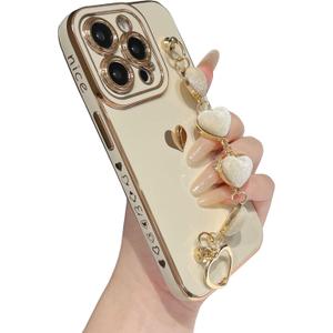 Caseative for iPhone 14 Pro Case,Cute Plating Love Heart Wrist Strap Chain Bracelet Phone Case (White)