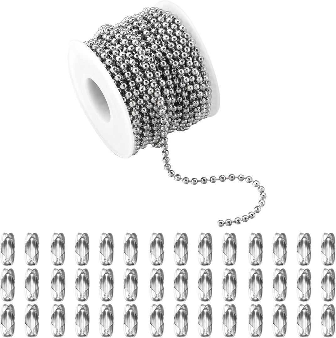 66Feet Ball Bead Chain Black Stainless Steel Dog Tag Chain with Matching Connectors for Jewelry Making Necklace Hanging Bracelets Keychain(3.0mm)