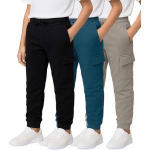 3 Pack Boys' Cotton Cargo Fleece Joggers Sweatpants Pockets Athletic Kids | Available In Sizes 6-18, Pants, Sweats, Teen, Youth, School, Drawstring, Elastic Waist, Ribbed Cuffs, Stretchy, Casual, Track (Black, M)