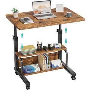 WINAZ C Shaped Rolling Laptop Desk - 32" Rustic Brown Mobile Portable Small Desk with Wheels for Small Spaces, Height Adjustable Overbed Table with 2-Tier Storage Shelves