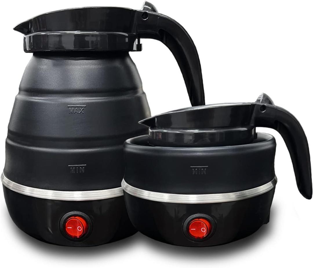 Travel Kettle Electric Small Foldable Portable Kettle,Silicone Collapsible Heating Water Boiler Tea Pot for Camping,Easy for Storage with Separable Power Cord (Black)