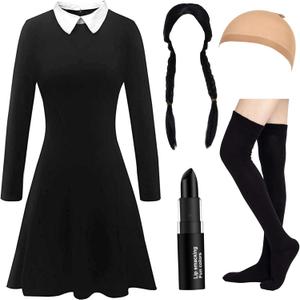 Halloween Costumes for Women - White Collar Long Sleeve Black Dress, Black Braided Wig and Sock (Large)