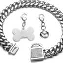 Dog Chain Collar Silver Cuban Link Dog Necklace with Cubic Zirconia Design Buckle Collar with Dog tag, Bell,10/14/18MM Wide Stainless Steel Walking Training Collar for Dogs (18mm,14'')