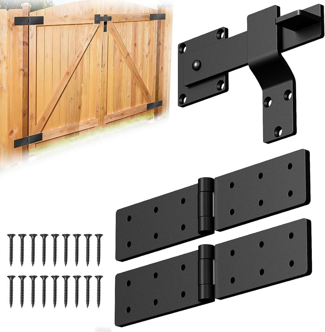 Fence Gate Hinges and Latch Set Heavy Duty -Black 270 Degree Strap Hinge & Adjustable Latch Kit for Outdoor,Garden,Backyard,Barn,Shed Wood Doors -Rust-Resistant Farm Gate Hardware with Screws