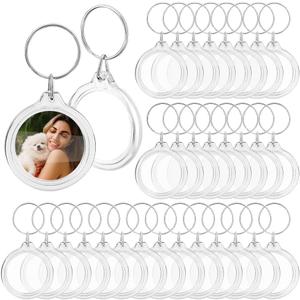 PH PandaHall Blank Photo Insert Keychains, 60 Sets Acrylic Photo Snap in Keychain 1.6 Inch Round Custom Blank Photo Keyring DIY Picture Frames for Double-Sided Photos, Clear