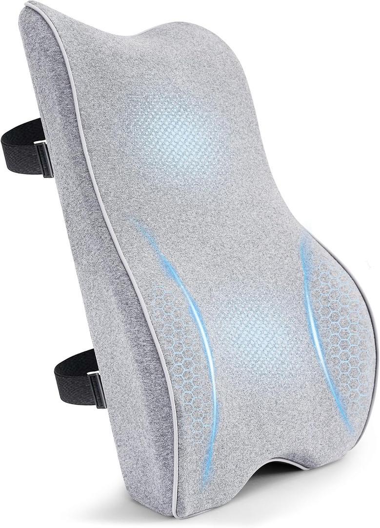 Lumbar Support Pillow for Office Chair Car Seat Gaming Chair, Memory Foam Back Support Pillow, Lumbar Cushion Back Cushion for Lower Back Pain Relief, Adjustable Strap Washable Cover-Light Grey, 18