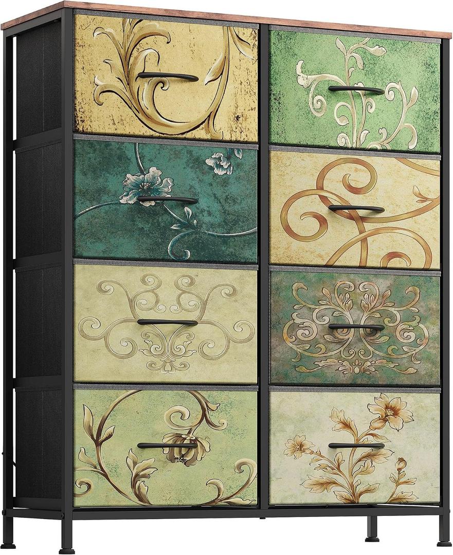 WLIVE Tall Fabric Dresser with 8 Drawers, Storage Tower with Fabric Bins, Double Dresser, Chest of Drawers for Closet, Bedroom, Living Room, Hallway, Dorm, Floral Painted