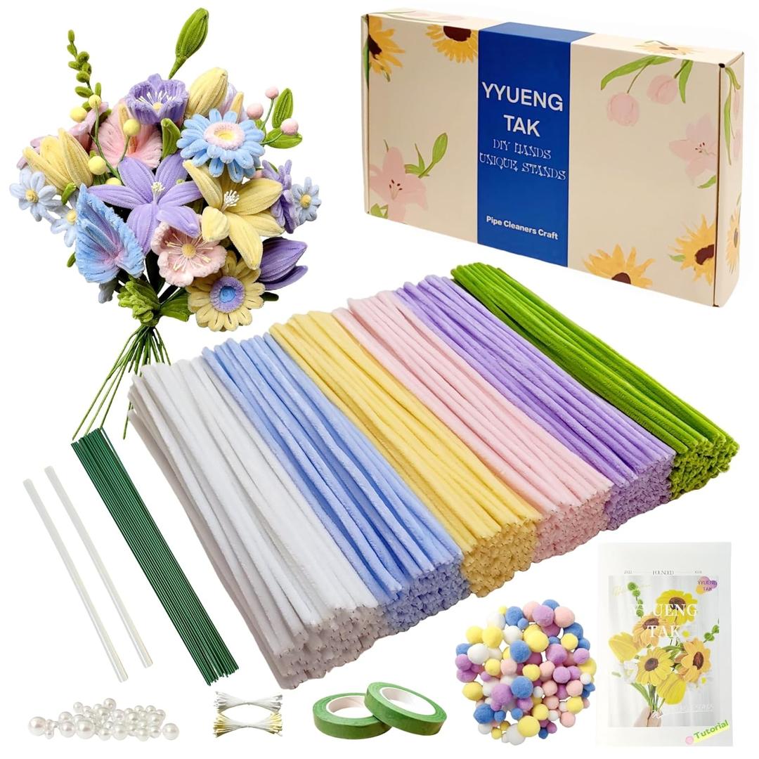 YYUENGTAK 500 Pcs Pipe Cleaner Flower kit with tutoria,Pipe Cleaners Craft(6 Colors)Chenille Stems Flowers Craft kit with 20 pcs Green Floral Wires,Gardening Tape,Stamen(2 Colors),Pearl Beads,pompoms