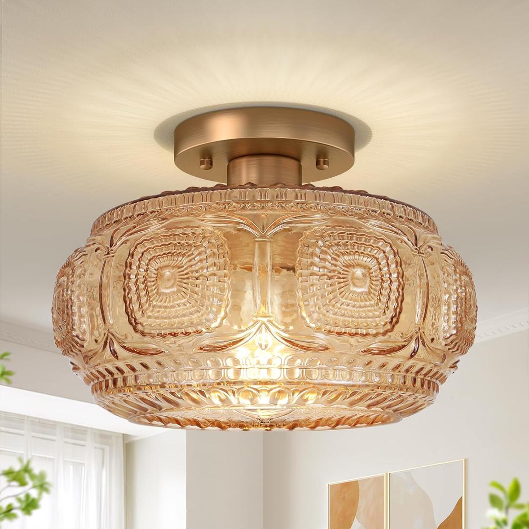 Semi Flush Mount Ceiling Light, Upgraded Larger Amber Glass Ceiling Light Fixture, Vintage Lighting for Hallway Kitchen Bedroom Dining Room, Bulb Not Included (11.03 inch)