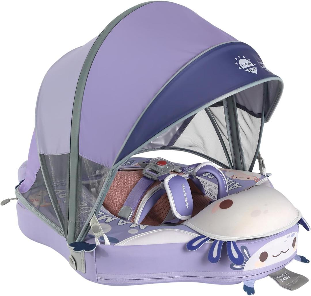 Mambobaby No-Flip Baby Pool Float with Canopy & Tail Non-Inflatable Swim Float for Infants, Pearl-Foam, UPF 50+ & Adjustable Safety Five-Way Harness, Skin-Friendly for Boys Girls 3-24 Months (Axolotl)