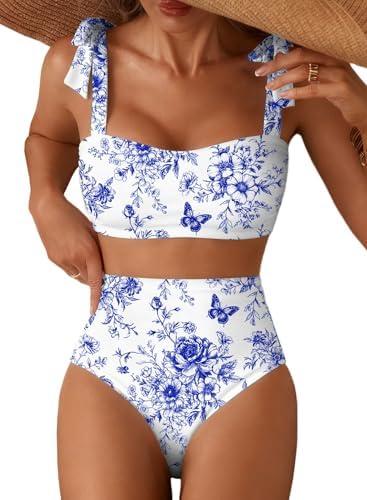 Herseas Women's Tie Shoulder Bikini Sets 2 Piece Striped Swimsuits High Waisted Bathing Suits, Size L