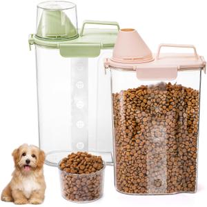 DEAYOU 2 Pack Plastic Cat Dog Food Storage Container, 3 to 5Lbs Airtight Rice Bin with Pour Spout and Measuring Cup, Portable Travel Pet Food Dispenser for Small Animals, Bird Seed, Dry Food, Flour