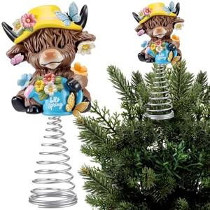 Gejoy Hello Spring Highland Cow Miniature Tree Topper, 5.1 Inch Mini Resin Cow Tree Topper with Flower Butterfly & Metal Spring Base, Cute Calf Lover Gifts for Easter Tiered Tray, Office, Home Decor