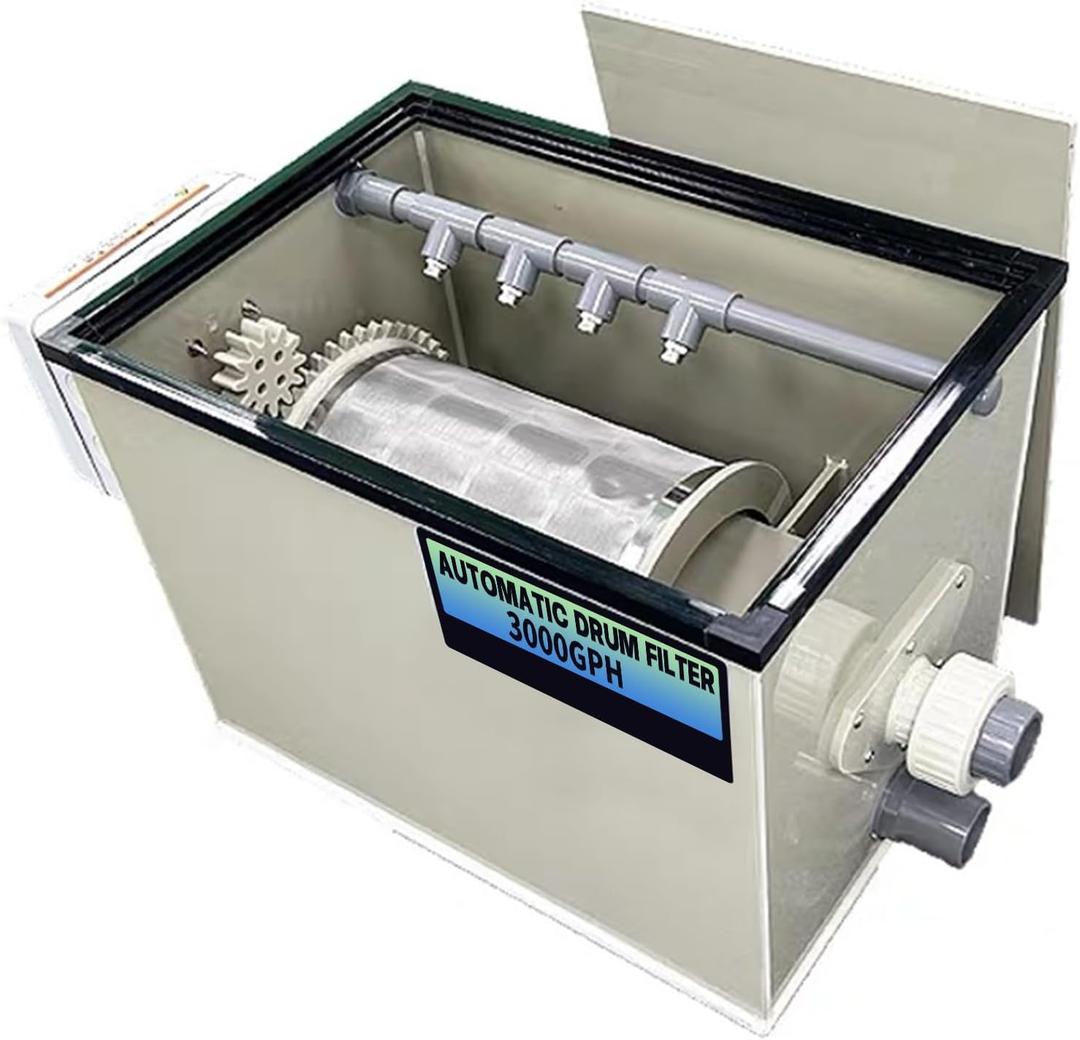 AquariDrum Filter RDF Fully Automatic Water Filter System.Fish Pond，Garden Pond， Efficient UV lamp,Canister Filter for Aquariums up to 3000 GPH,316L Stainless Steel Cleaning Nozzle and 200 mesh Sieve