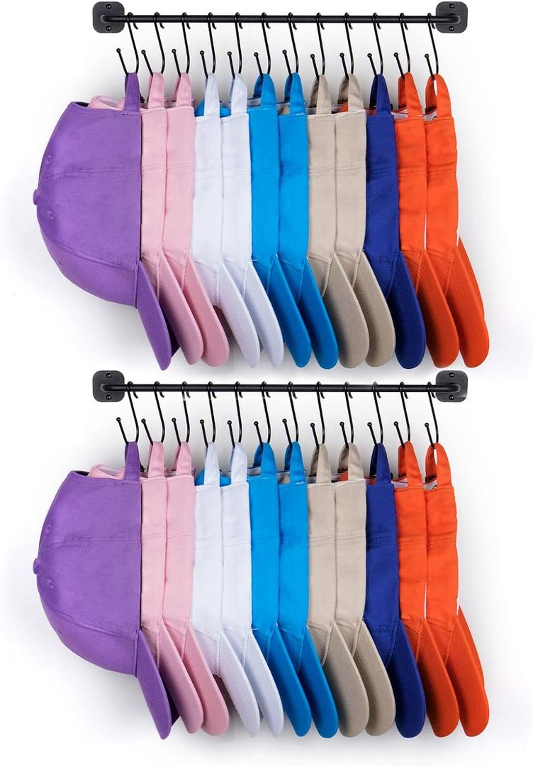 Hat Rack for Wall 24 Baseball Caps, 2 Pack Modern Metal Hat Organizer with 24 Hooks Hat Holder Wall-Mounted Storage Display for Closet Bedroom Entryway Laundry Black
