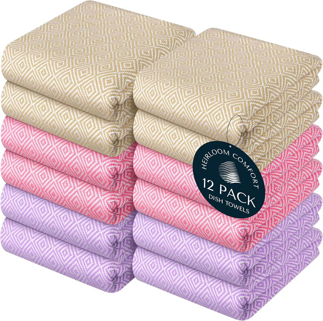 Multi Color Kitchen Towels 12 Pack, 100% Cotton, Diamond Weave Towel Set, 16"x26", Super Absorbent & Durable Dishcloths, Quick Drying for Drying Dishes - Beige, Dark Pink, Lavender
