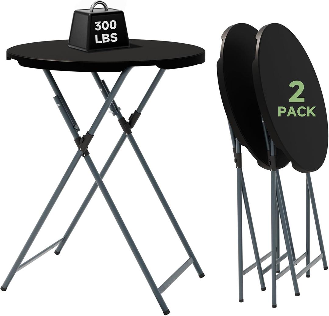 32" Round Folding Cocktail Table - HDPE Matrial Top with Steel Frame, Stable & Easy to Clean - High Top Table for Parties, Patio, Events, 2 Pack, Black