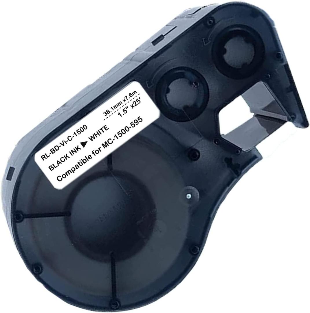 Compatible Label Tape Replacememt for MC-1500-595-WT-BK Cartridge Ribbon, 1.5 inches High Adhesion Vinyl Labels Tape, Black on White Film Work with Portable Printer,25' Length 1.5" Width