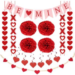 RAWILL Valentines Day Decorations Set, Hanging Heart Swirls,BE Mine Banner, Love XO and Red Felt Heart Wooden Beads Garlands Banner,for Home,Classroom,Office,Wedding and Party