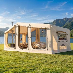 Inflatable Tent for Camping,16.4'x7'x7' Blow Up Tent 8-12 Person,3 Room Tent with Divided Curtain,Hot Tent with Stove Jack, Inflatable House with Pump, Quick Setup Air Glamping Tent for Family Outdoor