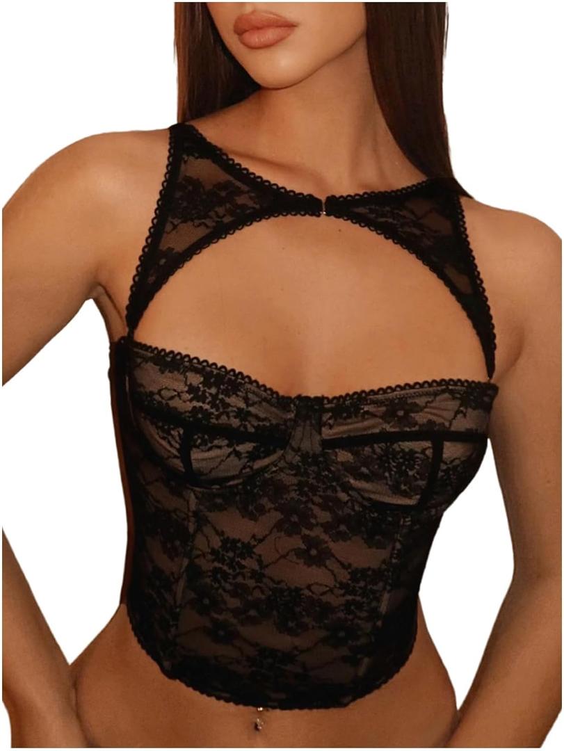WDIRARA Women's Cut Out Lace Crop Bustier Corset Tank Top Sexy Going Out Party Club Tops (Black) S