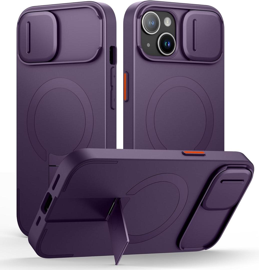 SURITCH for iPhone 15 Case with Magnetic Camera Slide Cover and Adjustable Kickstand, Compatible with MagSafe, Shockproof Bumper Case Slim Protective Cover 6.1 Inch, Dark Purple