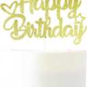 Gold Glitter "Happy Birthday" Cake Topper - Glitter Paper & Stick - Ready to Use
