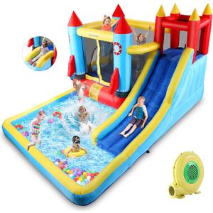 Bounce House,Inflatable Bounce Castle with Blower for Kids 3-12,Outdoor/Indoor Bouncy House Water Park for Backyard with 2 Splash Slides,Climbing Wall,Ball Pit,Jumping Area (146" x 132" x 81")