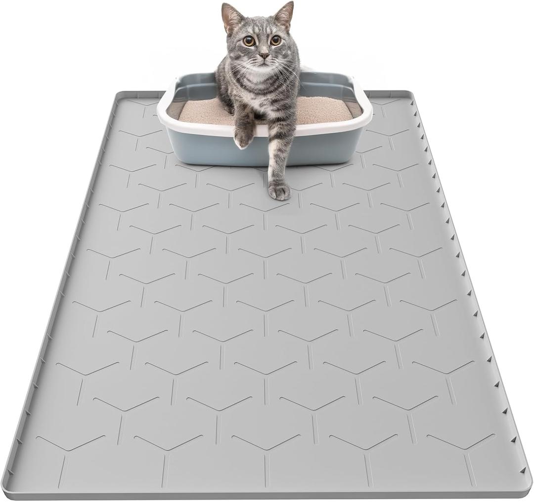 Cat Mat for Litter Box, Large 34" X 22" Cat Litter Mat, Waterproof Silicone Pad for Floor, Gray (Grey)