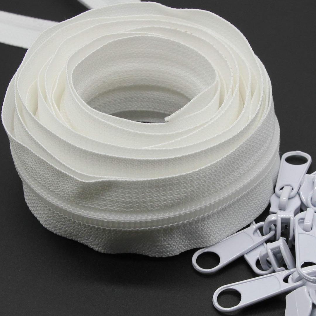 Leekayer #5 White Nylon Coil Sewing Zippers by The Yard Bulk 10 Yards with 25pcs White Sliders for DIY Tailor Sewing Craft,Luggage,Dress,Sofa Cushion, Pillow, Bag(White) (5#-with same color Pull)