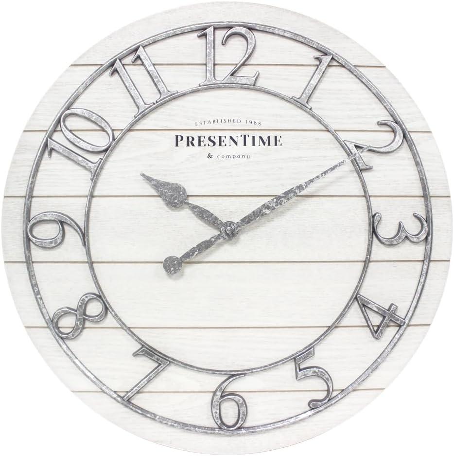 Presentime & Co Classic Farmhouse Shiplap Clock, 19.5 inch, Galvanized Finish Arabic Numerals with White Shiplap Style. Large Farmhouse Decor for Living Room, Entryway, Home Office. Wall Dcor