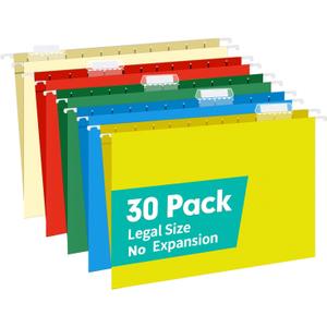 HERKKA Hanging File Folders, 30 Pack Reinforced Legal Size Hanging Folders with Heavy Duty 0 Inch Expansion, Designed for Bulky Files, Medical Charts, Adjustable Tabs, Assorted Colors