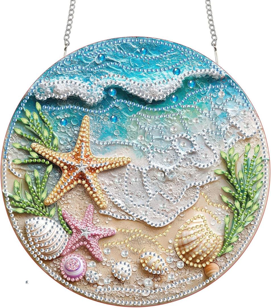 Diymood DIY Hanging Diamond Art Kits for Adults Beach, Diamond Painting Kit Pendant Special Shaped Double Sided Acrylic Sun Catcher Board Wreath Pendants Canvas Window Wall Decor 7.68 x 7.68 Inch (Colorful-9)