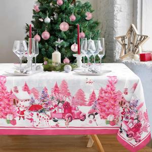 Bkyedsa Christmas Tablecloth Rectangle 60" x 102" - Pink Christmas Tree Santa Snowman and Truck Christmas Table Cloth Decorations Table Cover for Home Kitchen Dinning Party