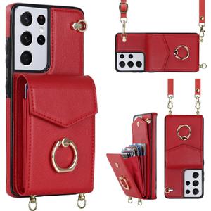 for Samsung Galaxy S21 Ultra Case 5G 6.8 inch, Minimalist Wallet Case with Ring Kickstand and Shoulder Strap, Shockproof Stylish Protective Cover for Galaxy S21 Ultra -Red