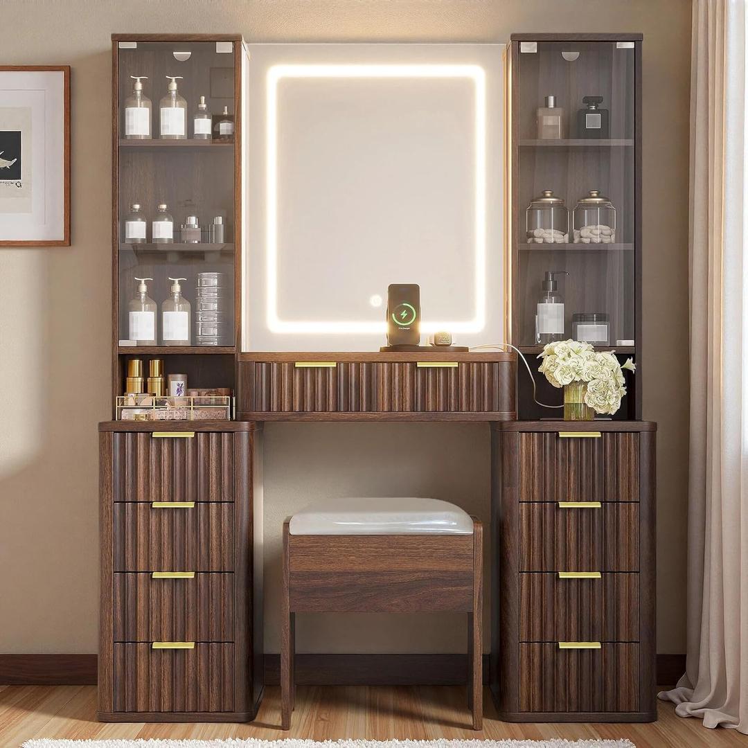 43.5" Fluted Makeup Vanity Desk, Large Glass Top Vanity Table with Mirror & Lights, 10 Drawers, 2 Transparent Glass Cabinets, Dressing Table Set with Stool and Charging Station, Brown