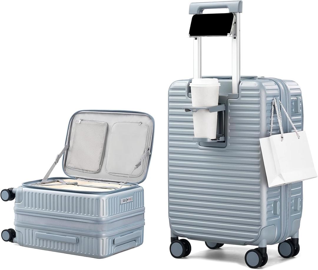 20 Inch Carry on Luggage 22x14x9 Airline Approved Hard Shell Suitcases with Wheels, Top Opening Expandable Carry on Luggage with Cup Holder Small Rolling Suitcase with Lock, Silver