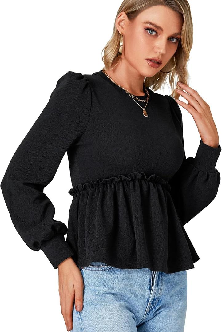 LYANER Women's Crewneck Long Sleeve Peplum Frill Solid Tee Shirt Blouse Top Black Small