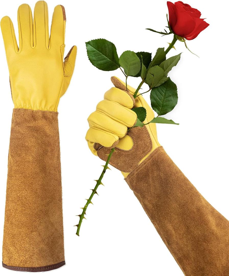 Long Gardening Gloves for Women Thorn Proof,Rose Pruning Cowhide Leather Garden Gloves for Cactus, Rose and Blackberry (Brown-medium)