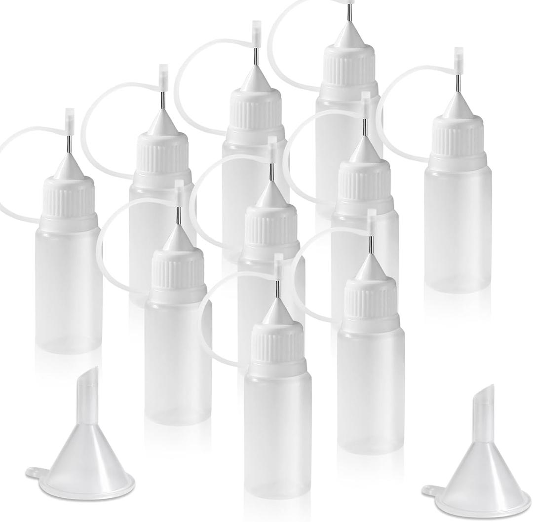 HARSKIYER 10ml Precision Tip Applicator Bottle, 10 Pcs White Fine Needle Tip Squeeze Bottles with 2 Mini Funnel, Fine Line Applicator wtih Leak-Proof Caps for DIY, Paint, Quilling, Craft, Acrylic