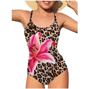 RoseSeek Girl's Swimsuits Floral Leopard Print One Piece Swimsuits Beach Vacation Swimwear 10Y