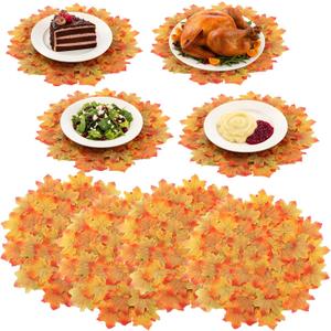 Bokon Thanksgiving Placemats Set of 8, 17.75 Inch 3D Round Lager Maple Leaf Placemats with Artificial Autumn Leaves for Thanksgiving Decoration Harvest Dinner Home Dining Table Holiday Wedding Party