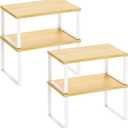 Kitchen Cabinet Organizer Shelf Set of 4, Sturdy Kitchen Counter Shelves with Metal Legs, Stackable Expandable Wood Spice Rack Pantry Cupboard Dish Mug Cup Storage Organizer Shelf,White+Bamboo