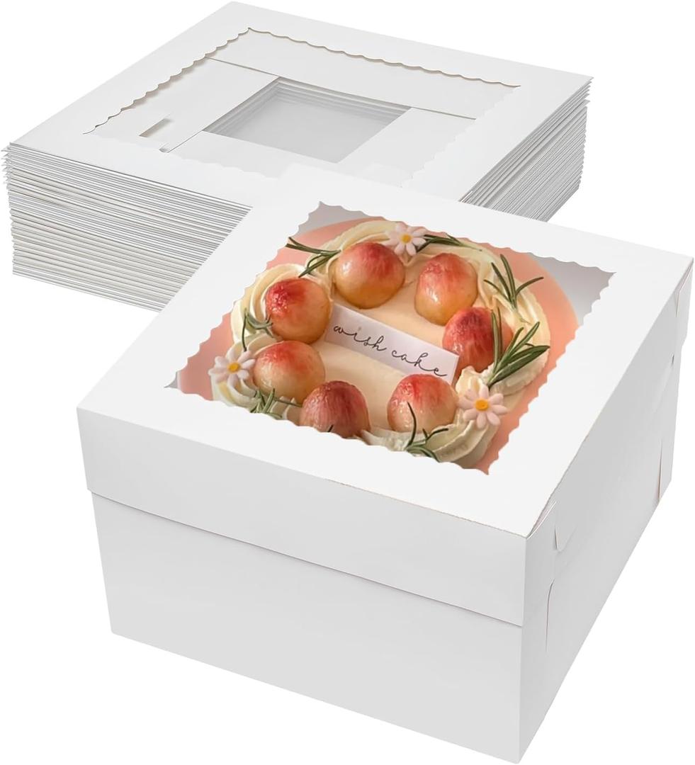 Mcfleet 10pcs Cake Boxes 12 Inch 12x12x8 Tall Cake Boxes with Window for Tier Baking Disposable Bakery Containers with Lids White Large Cardboard Bakery Take Out Carrier for Wedding, Birthday, Party